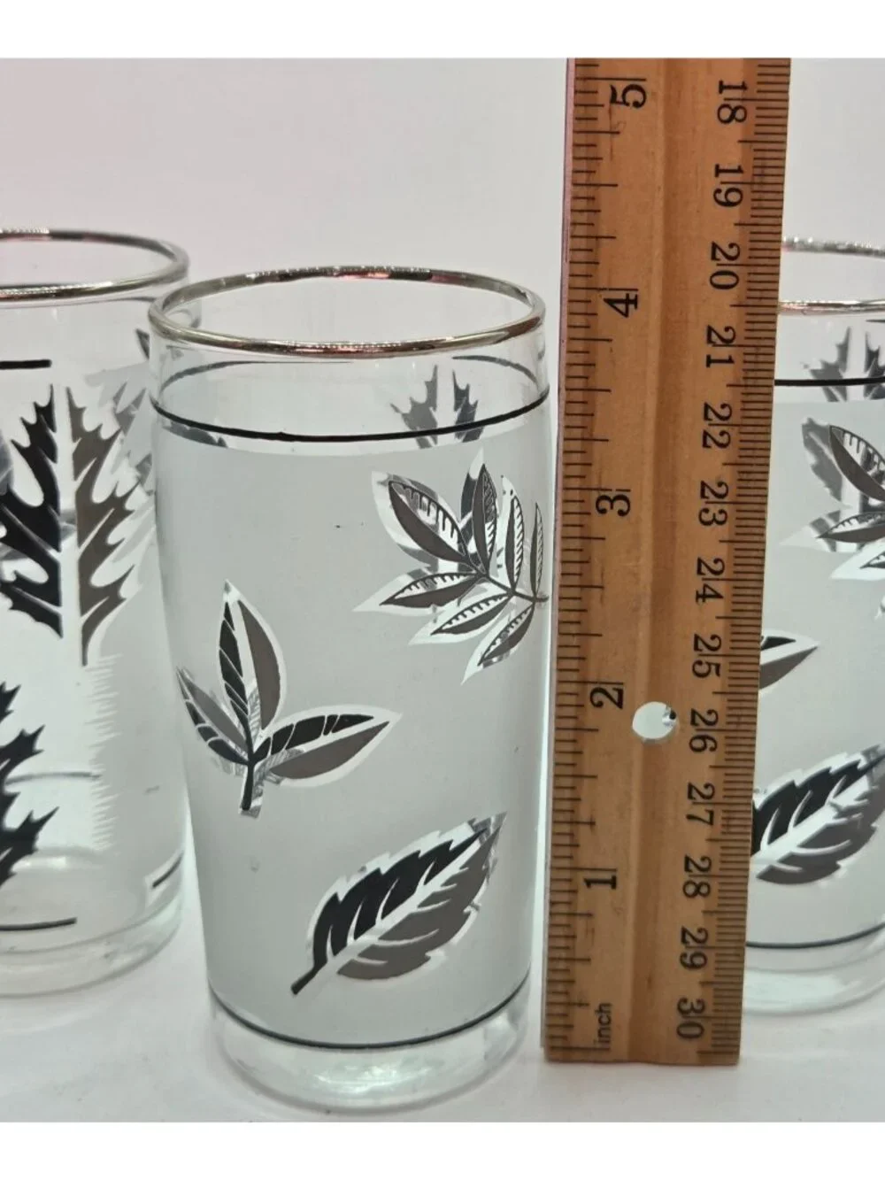 Vtg Silver Leaf Foliage Highball Glasses Metallic Rim 4